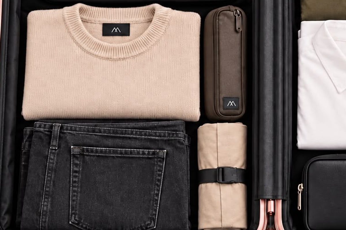 Maglione, jeans e piccoli accessori piegati con ordine nella valigia aperta