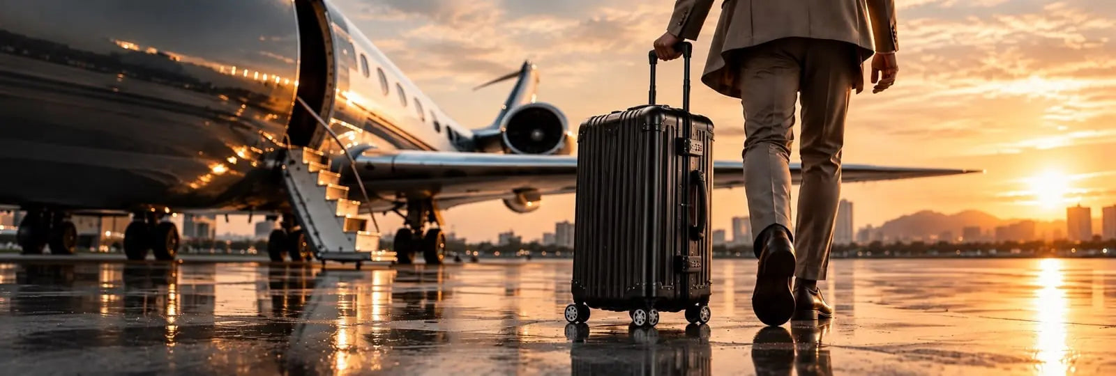 Un uomo cammina su una pista al tramonto verso un jet privato, trainando una valigia rigida Milano Edition nera