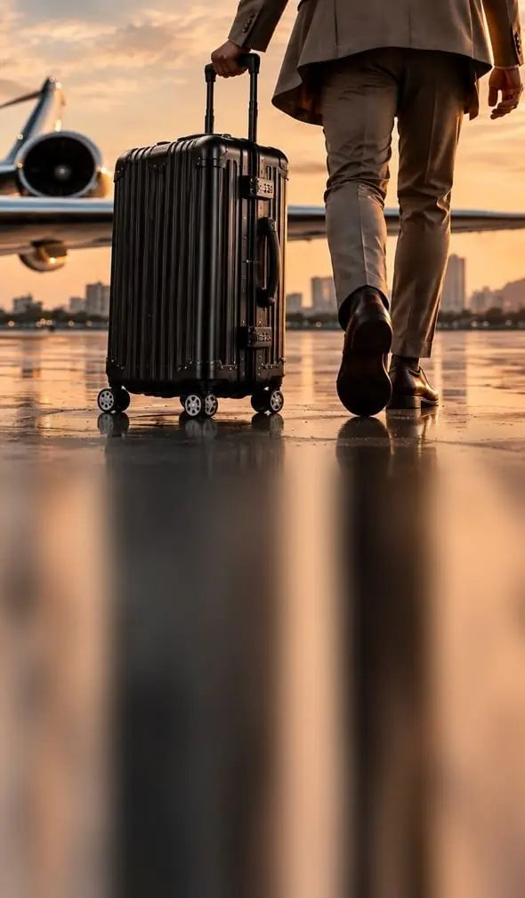 Un uomo in abito chiaro cammina su una pista al tramonto verso un jet privato, trainando una valigia rigida Milano Edition nera